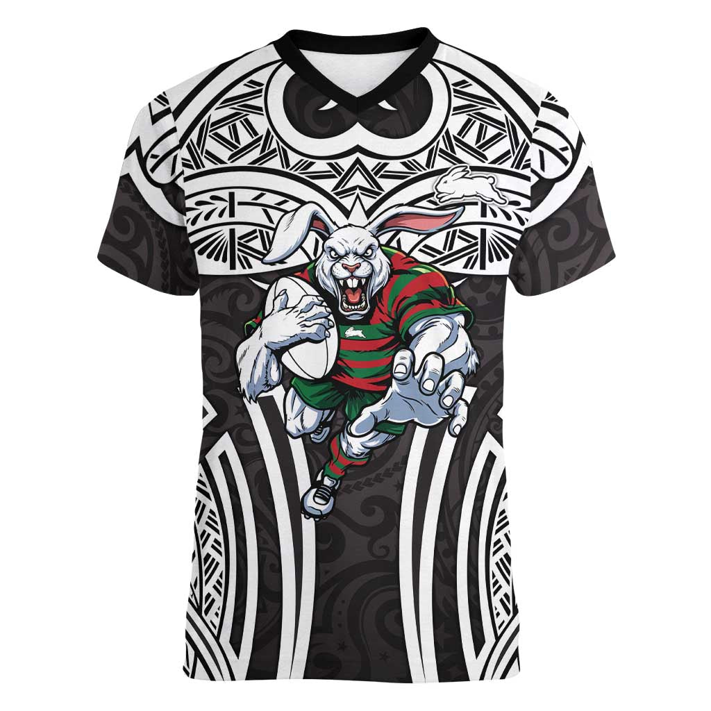 South Sydney Rabbitohs Rugby Women V-Neck T-Shirt Polynesian Tribal Rabbit Warrior Black White Pattern