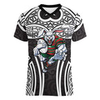 South Sydney Rabbitohs Rugby Women V-Neck T-Shirt Polynesian Tribal Rabbit Warrior Black White Pattern