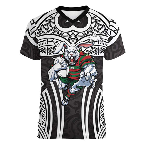 South Sydney Rabbitohs Rugby Women V-Neck T-Shirt Polynesian Tribal Rabbit Warrior Black White Pattern