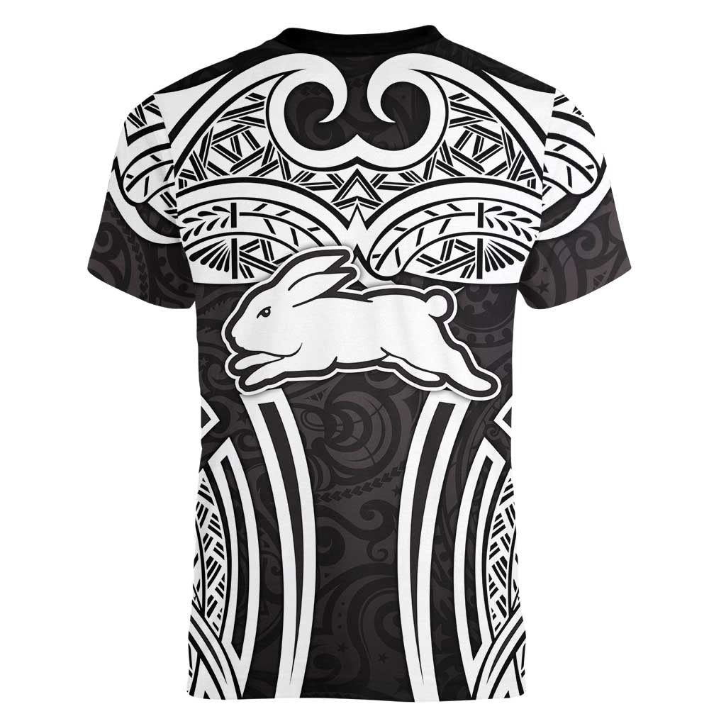 South Sydney Rabbitohs Rugby Women V-Neck T-Shirt Polynesian Tribal Rabbit Warrior Black White Pattern