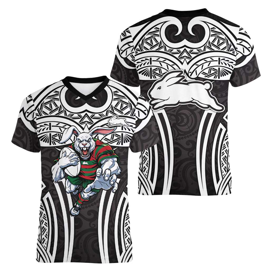 South Sydney Rabbitohs Rugby Women V-Neck T-Shirt Polynesian Tribal Rabbit Warrior Black White Pattern