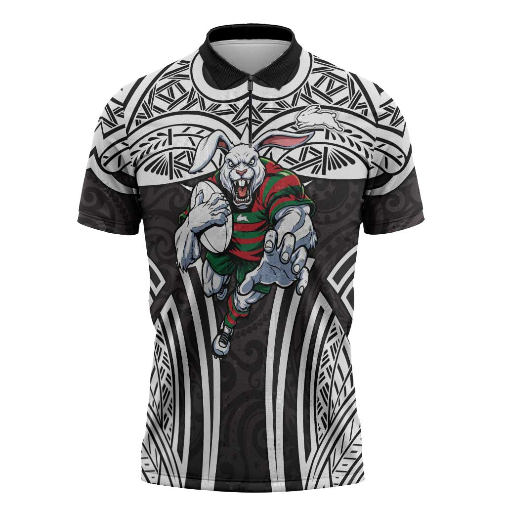 South Sydney Rabbitohs Rugby Zipper Polo Shirt Polynesian Tribal Rabbit Warrior Black White Pattern