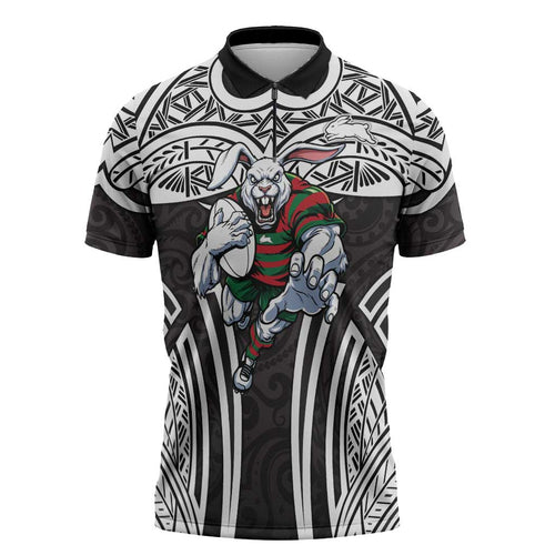 South Sydney Rabbitohs Rugby Zipper Polo Shirt Polynesian Tribal Rabbit Warrior Black White Pattern