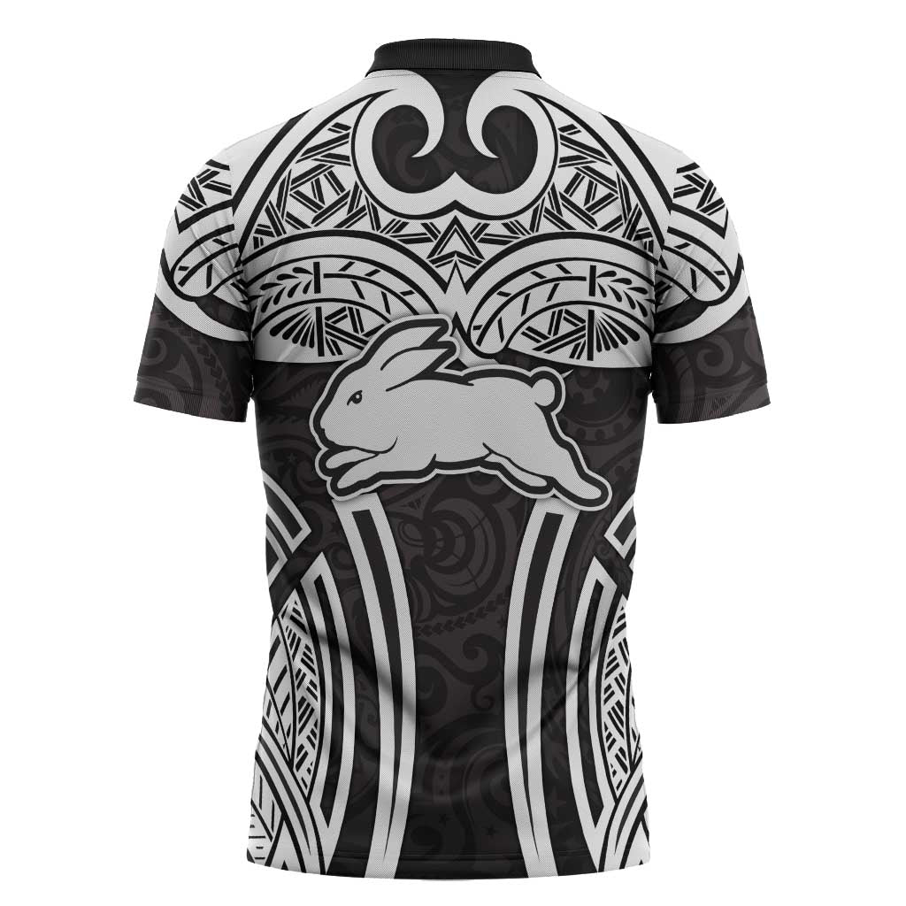 South Sydney Rabbitohs Rugby Zipper Polo Shirt Polynesian Tribal Rabbit Warrior Black White Pattern
