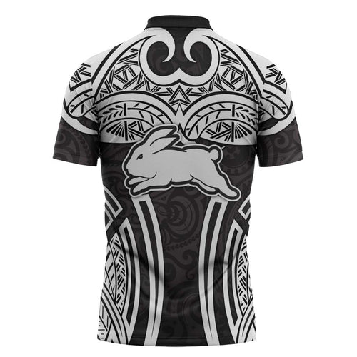 South Sydney Rabbitohs Rugby Zipper Polo Shirt Polynesian Tribal Rabbit Warrior Black White Pattern
