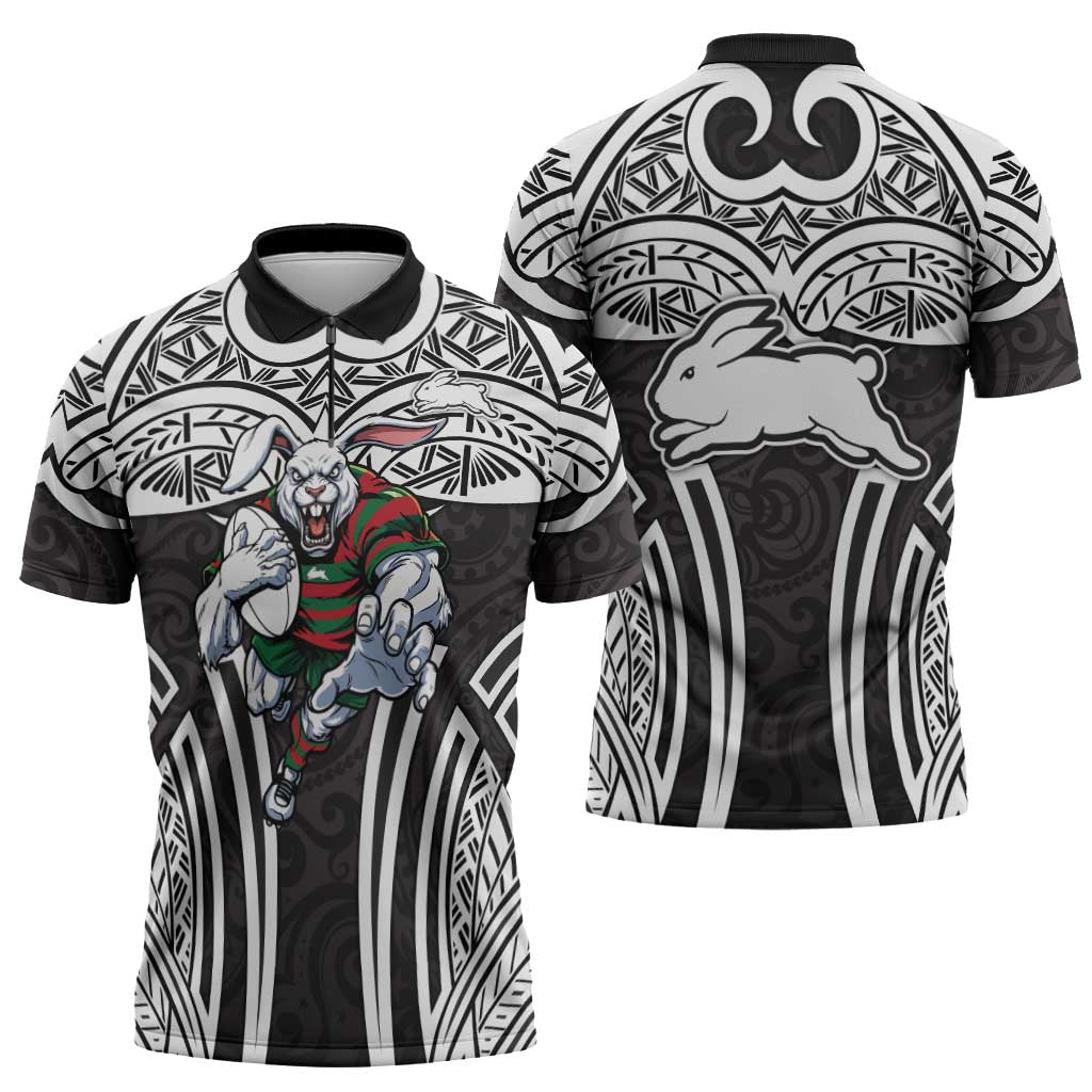 South Sydney Rabbitohs Rugby Zipper Polo Shirt Polynesian Tribal Rabbit Warrior Black White Pattern