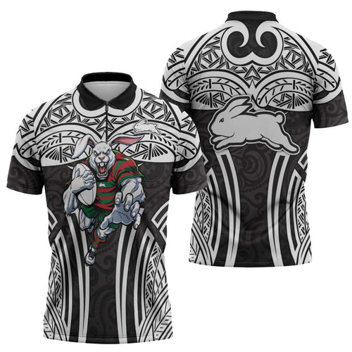 South Sydney Rabbitohs Rugby Zipper Polo Shirt Polynesian Tribal Rabbit Warrior Black White Pattern