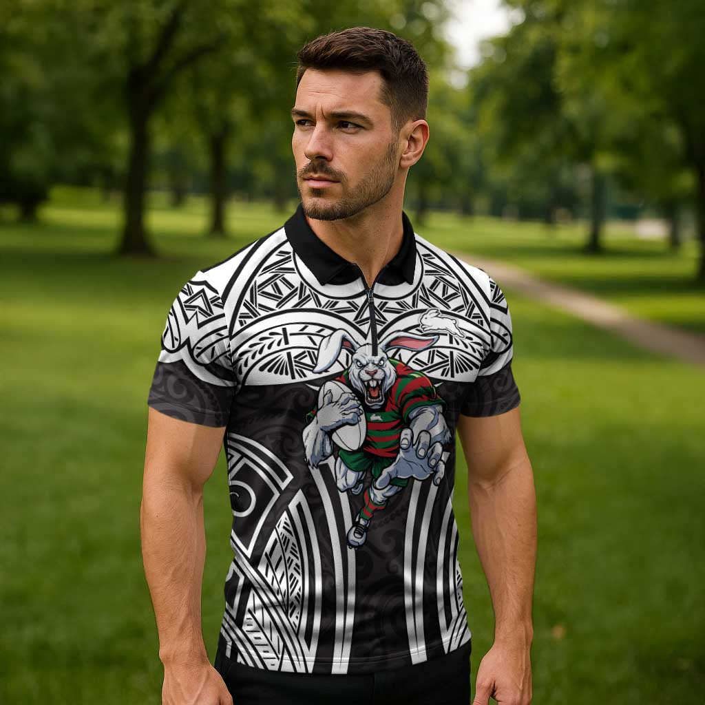 South Sydney Rabbitohs Rugby Zipper Polo Shirt Polynesian Tribal Rabbit Warrior Black White Pattern