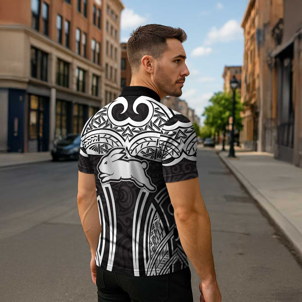 South Sydney Rabbitohs Rugby Zipper Polo Shirt Polynesian Tribal Rabbit Warrior Black White Pattern