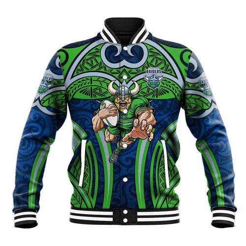 Canberra Raiders Rugby Baseball Jacket Polynesian Tribal Viking Warrior Green Blue Pattern