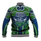 Canberra Raiders Rugby Baseball Jacket Polynesian Tribal Viking Warrior Green Blue Pattern