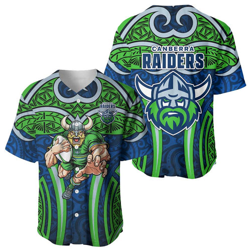 Canberra Raiders Rugby Baseball Jersey Polynesian Tribal Viking Warrior Green Blue Pattern