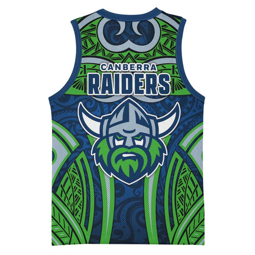 Canberra Raiders Rugby Basketball Jersey Polynesian Tribal Viking Warrior Green Blue Pattern