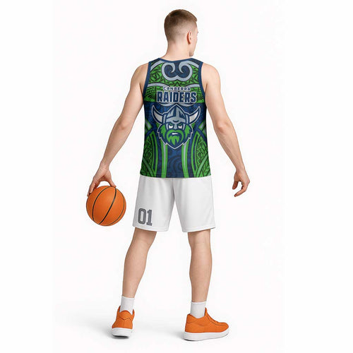 Canberra Raiders Rugby Basketball Jersey Polynesian Tribal Viking Warrior Green Blue Pattern