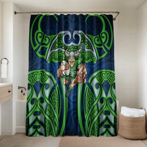 Canberra Raiders Rugby Bathroom Set Polynesian Tribal Viking Warrior Green Blue Pattern