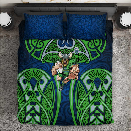 Canberra Raiders Rugby Bedding Set Polynesian Tribal Viking Warrior Green Blue Pattern