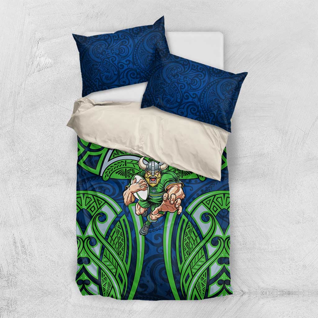 Canberra Raiders Rugby Bedding Set Polynesian Tribal Viking Warrior Green Blue Pattern