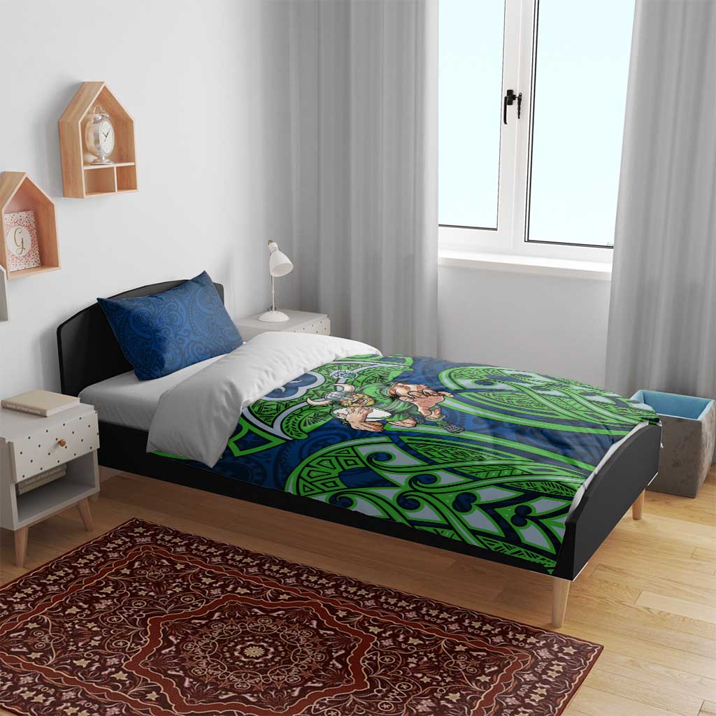 Canberra Raiders Rugby Bedding Set Polynesian Tribal Viking Warrior Green Blue Pattern
