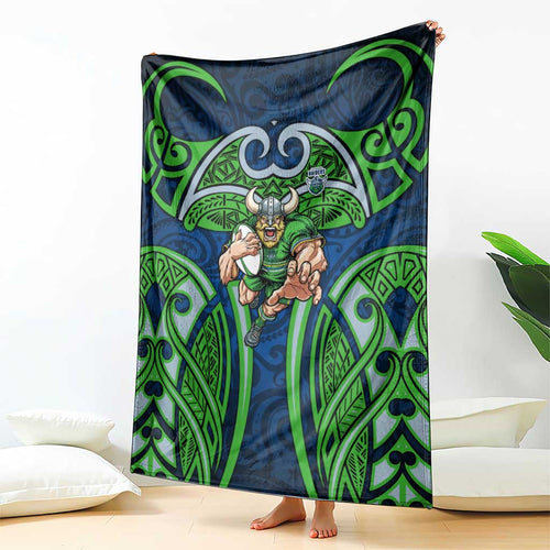 Canberra Raiders Rugby Blanket Polynesian Tribal Viking Warrior Green Blue Pattern