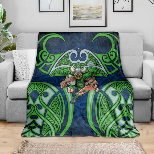 Canberra Raiders Rugby Blanket Polynesian Tribal Viking Warrior Green Blue Pattern