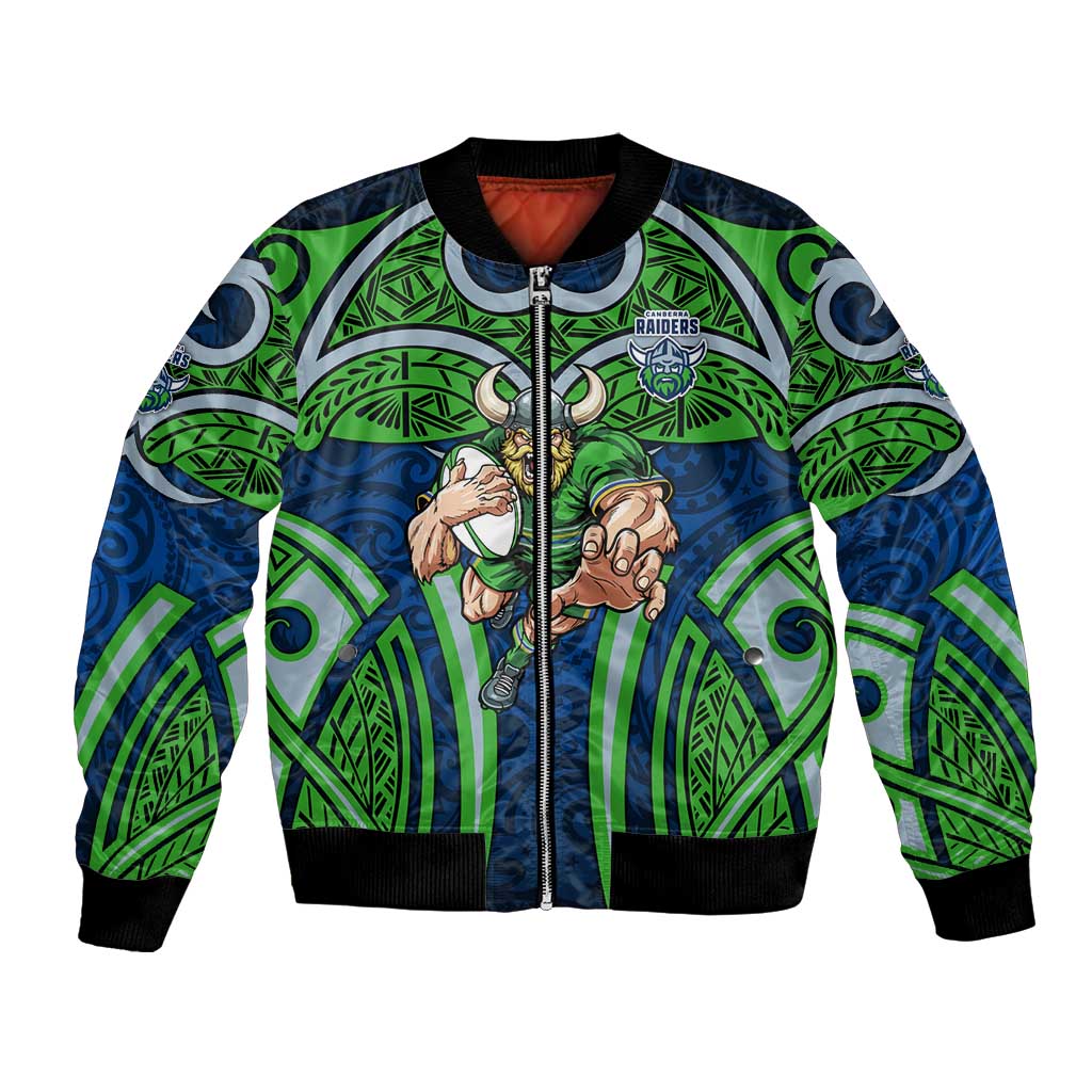 Canberra Raiders Rugby Bomber Jacket Polynesian Tribal Viking Warrior Green Blue Pattern
