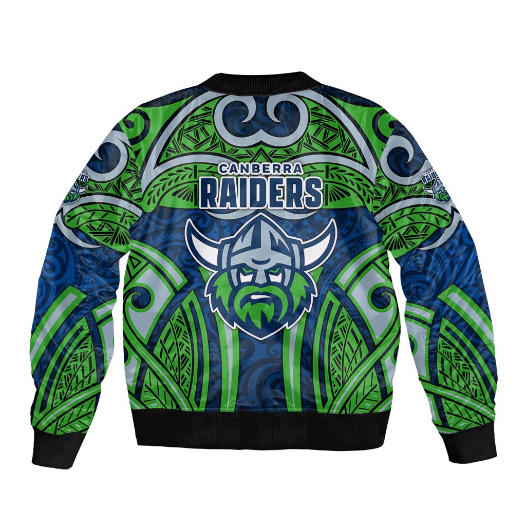 Canberra Raiders Rugby Bomber Jacket Polynesian Tribal Viking Warrior Green Blue Pattern