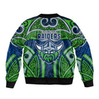 Canberra Raiders Rugby Bomber Jacket Polynesian Tribal Viking Warrior Green Blue Pattern
