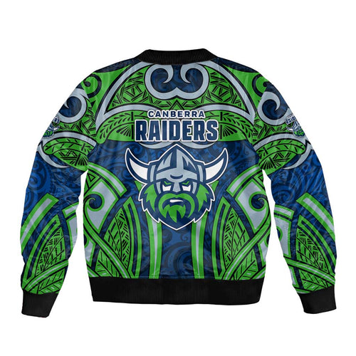 Canberra Raiders Rugby Bomber Jacket Polynesian Tribal Viking Warrior Green Blue Pattern