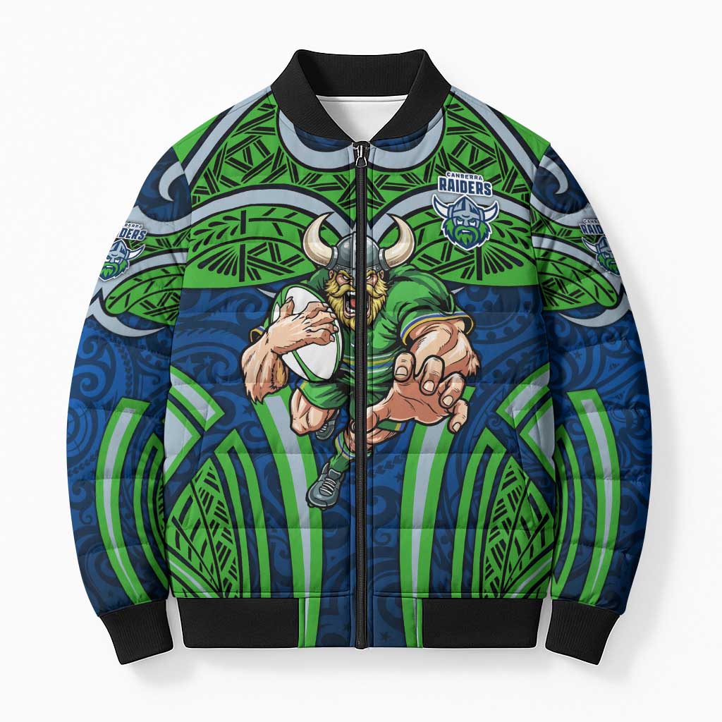 Canberra Raiders Rugby Bomber Puffer Jacket Polynesian Tribal Viking Warrior Green Blue Pattern