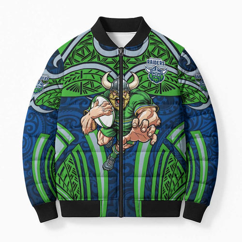 Canberra Raiders Rugby Bomber Puffer Jacket Polynesian Tribal Viking Warrior Green Blue Pattern