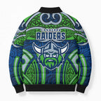 Canberra Raiders Rugby Bomber Puffer Jacket Polynesian Tribal Viking Warrior Green Blue Pattern