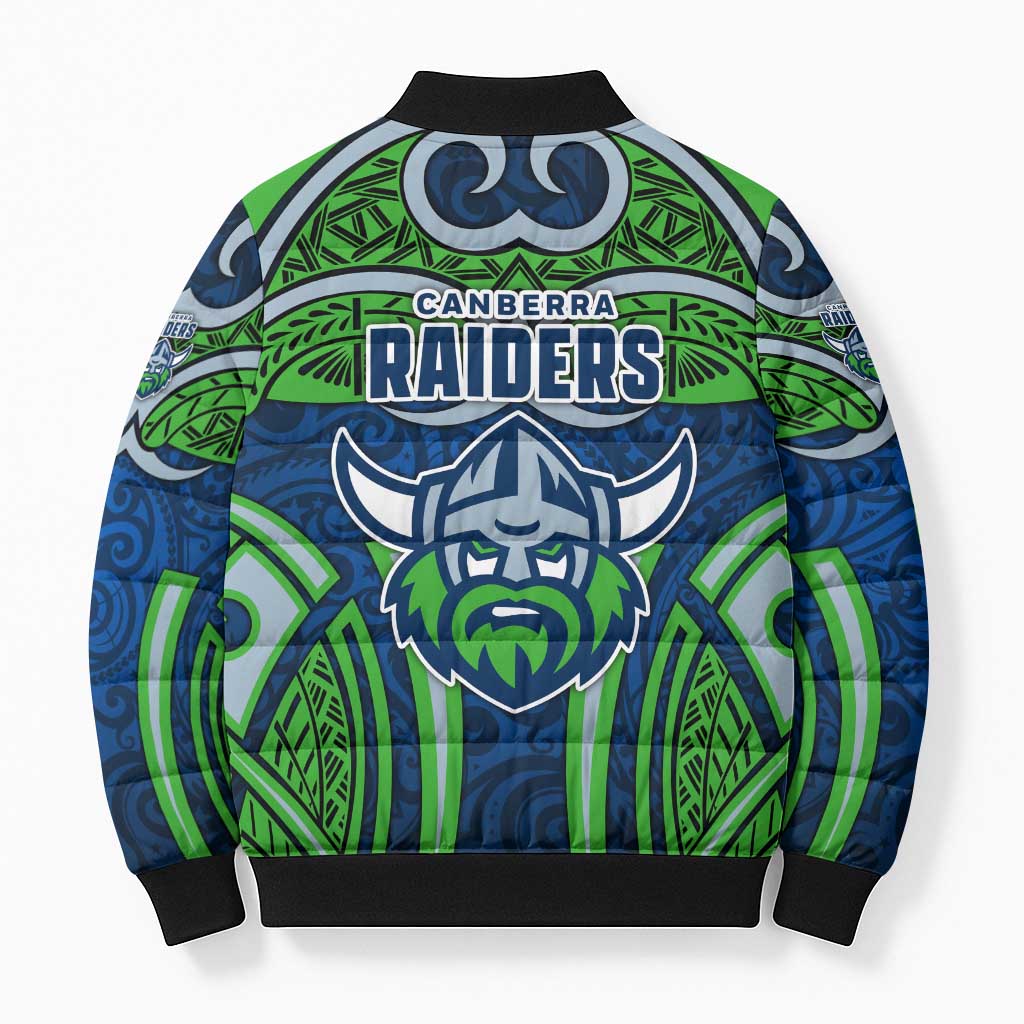 Canberra Raiders Rugby Bomber Puffer Jacket Polynesian Tribal Viking Warrior Green Blue Pattern