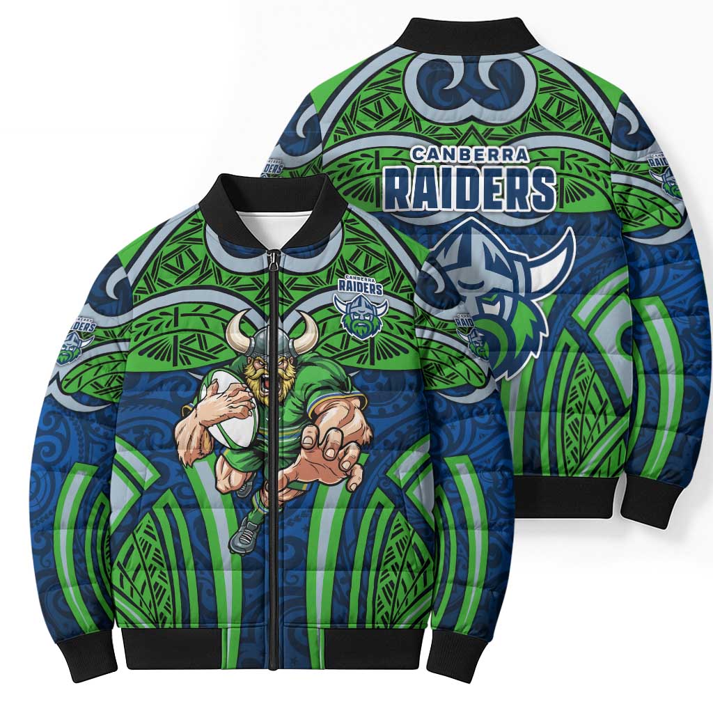 Canberra Raiders Rugby Bomber Puffer Jacket Polynesian Tribal Viking Warrior Green Blue Pattern