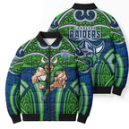 Canberra Raiders Rugby Bomber Puffer Jacket Polynesian Tribal Viking Warrior Green Blue Pattern