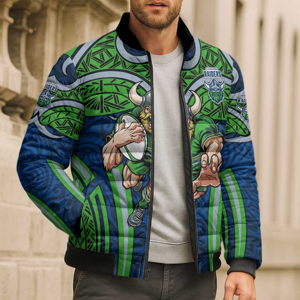 Canberra Raiders Rugby Bomber Puffer Jacket Polynesian Tribal Viking Warrior Green Blue Pattern