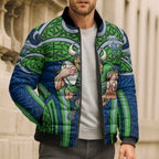Canberra Raiders Rugby Bomber Puffer Jacket Polynesian Tribal Viking Warrior Green Blue Pattern