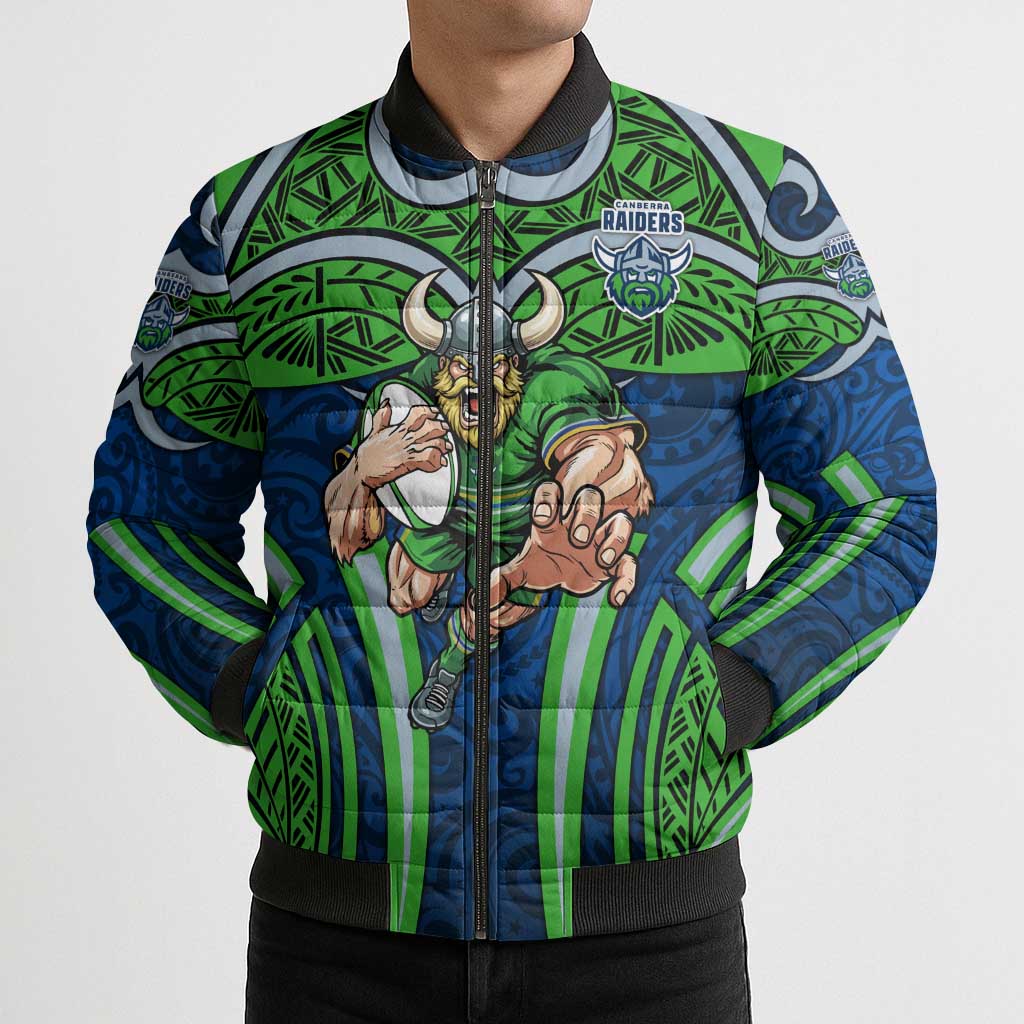 Canberra Raiders Rugby Bomber Puffer Jacket Polynesian Tribal Viking Warrior Green Blue Pattern