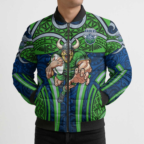 Canberra Raiders Rugby Bomber Puffer Jacket Polynesian Tribal Viking Warrior Green Blue Pattern