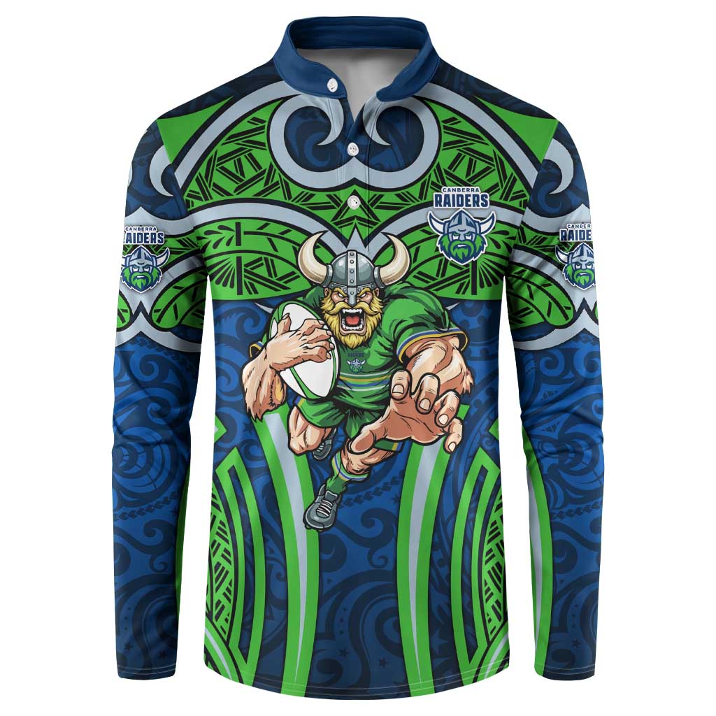 Canberra Raiders Rugby Button Sweatshirt Polynesian Tribal Viking Warrior Green Blue Pattern