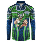 Canberra Raiders Rugby Button Sweatshirt Polynesian Tribal Viking Warrior Green Blue Pattern