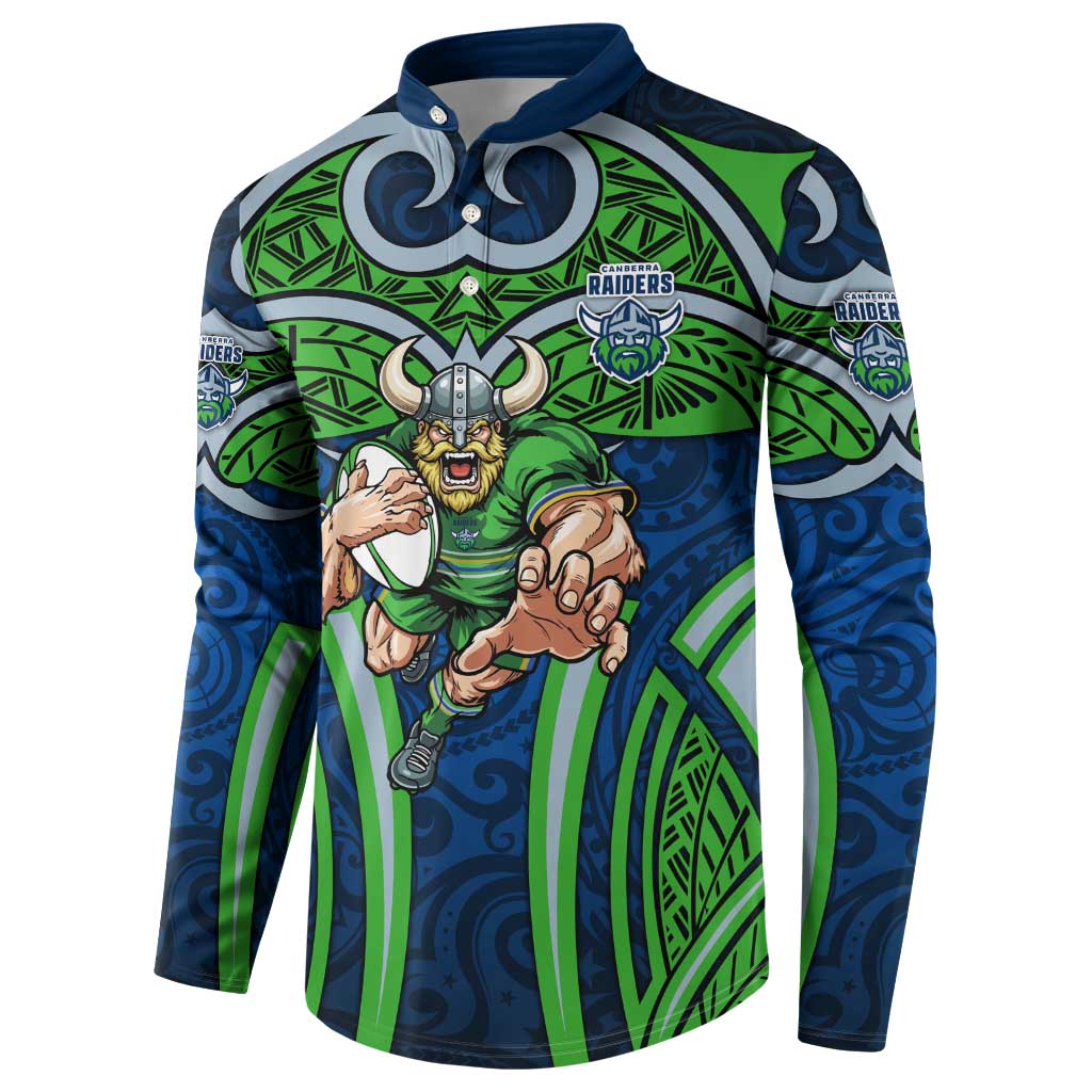 Canberra Raiders Rugby Button Sweatshirt Polynesian Tribal Viking Warrior Green Blue Pattern