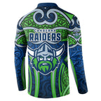 Canberra Raiders Rugby Button Sweatshirt Polynesian Tribal Viking Warrior Green Blue Pattern
