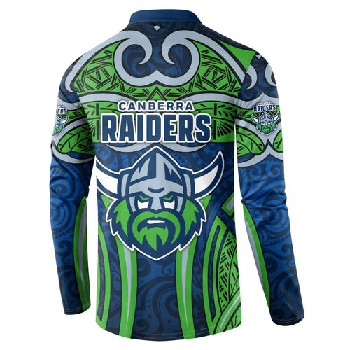 Canberra Raiders Rugby Button Sweatshirt Polynesian Tribal Viking Warrior Green Blue Pattern
