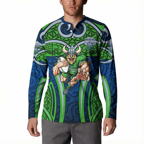 Canberra Raiders Rugby Button Sweatshirt Polynesian Tribal Viking Warrior Green Blue Pattern