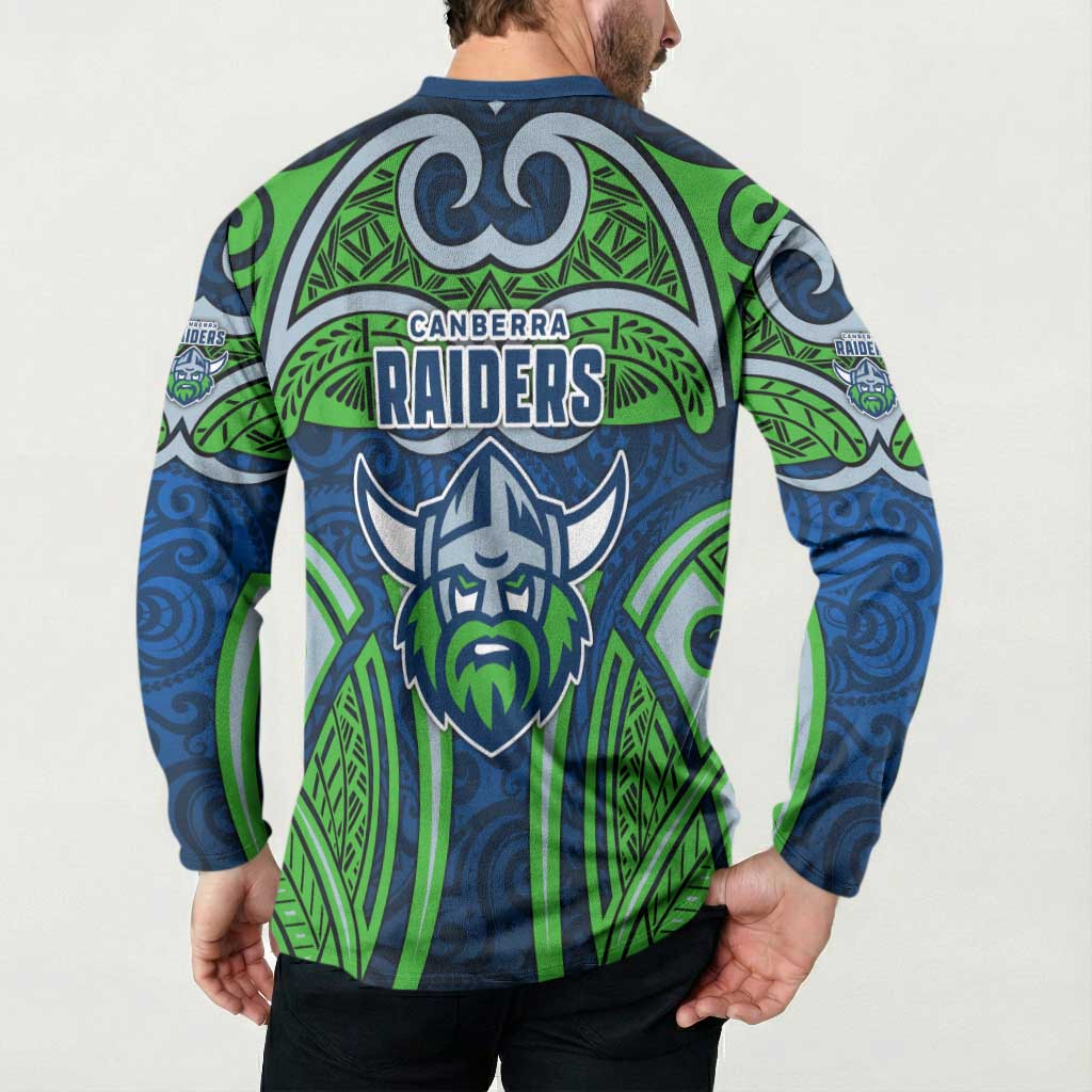 Canberra Raiders Rugby Button Sweatshirt Polynesian Tribal Viking Warrior Green Blue Pattern