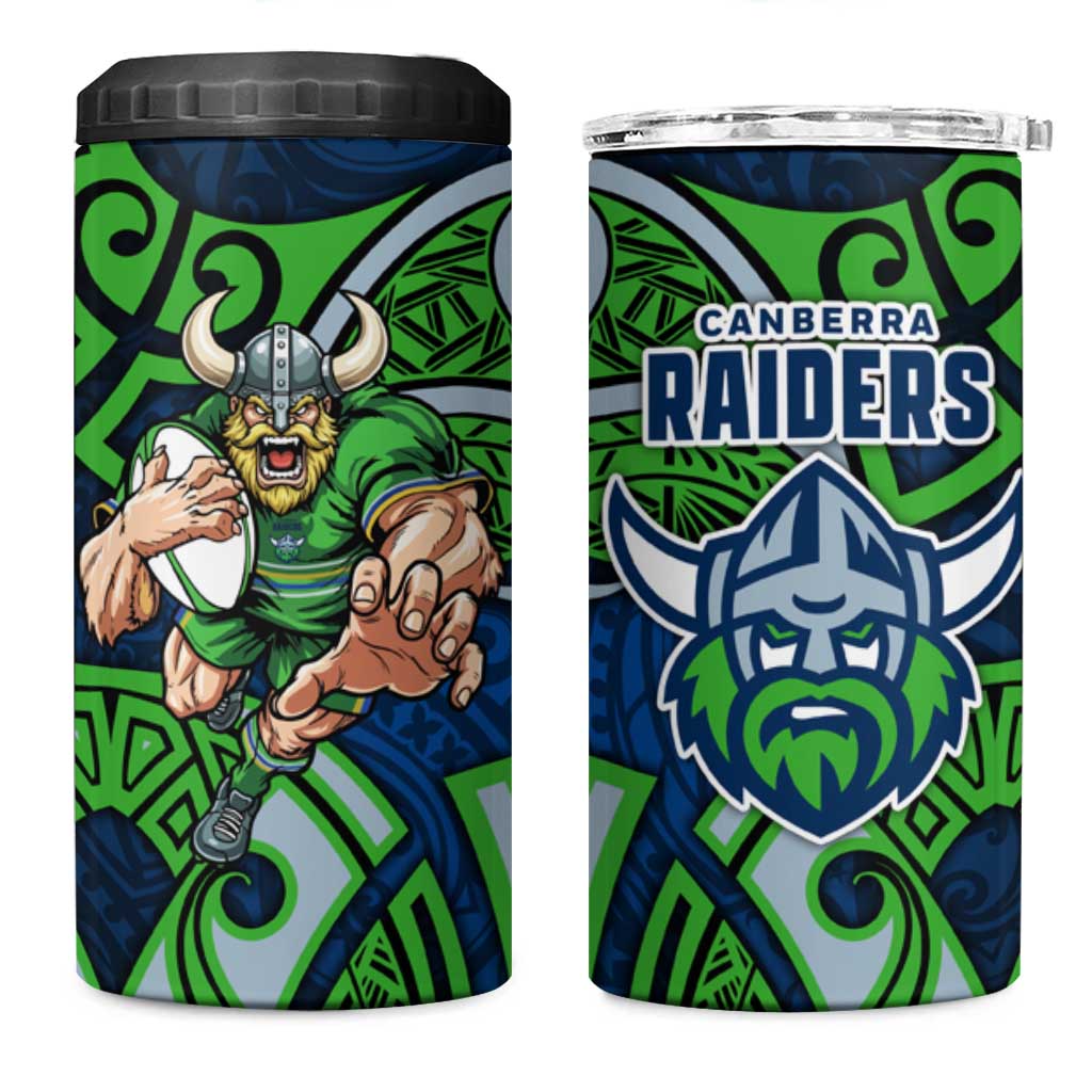 Canberra Raiders Rugby 4 in 1 Can Cooler Tumbler Polynesian Tribal Viking Warrior Green Blue Pattern