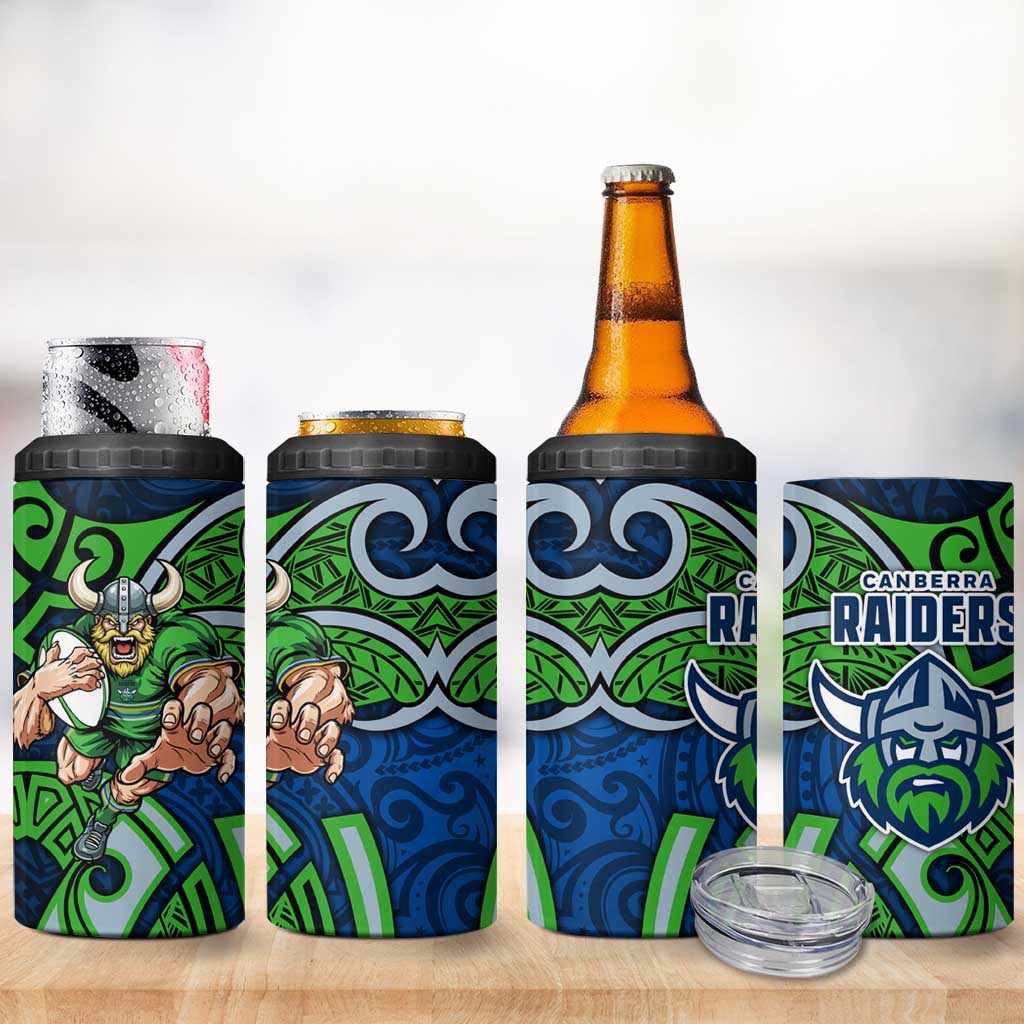 Canberra Raiders Rugby 4 in 1 Can Cooler Tumbler Polynesian Tribal Viking Warrior Green Blue Pattern