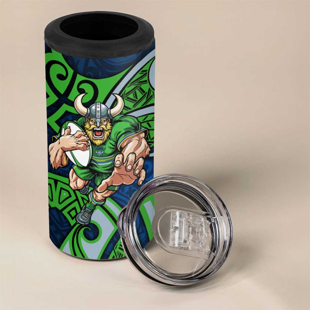 Canberra Raiders Rugby 4 in 1 Can Cooler Tumbler Polynesian Tribal Viking Warrior Green Blue Pattern