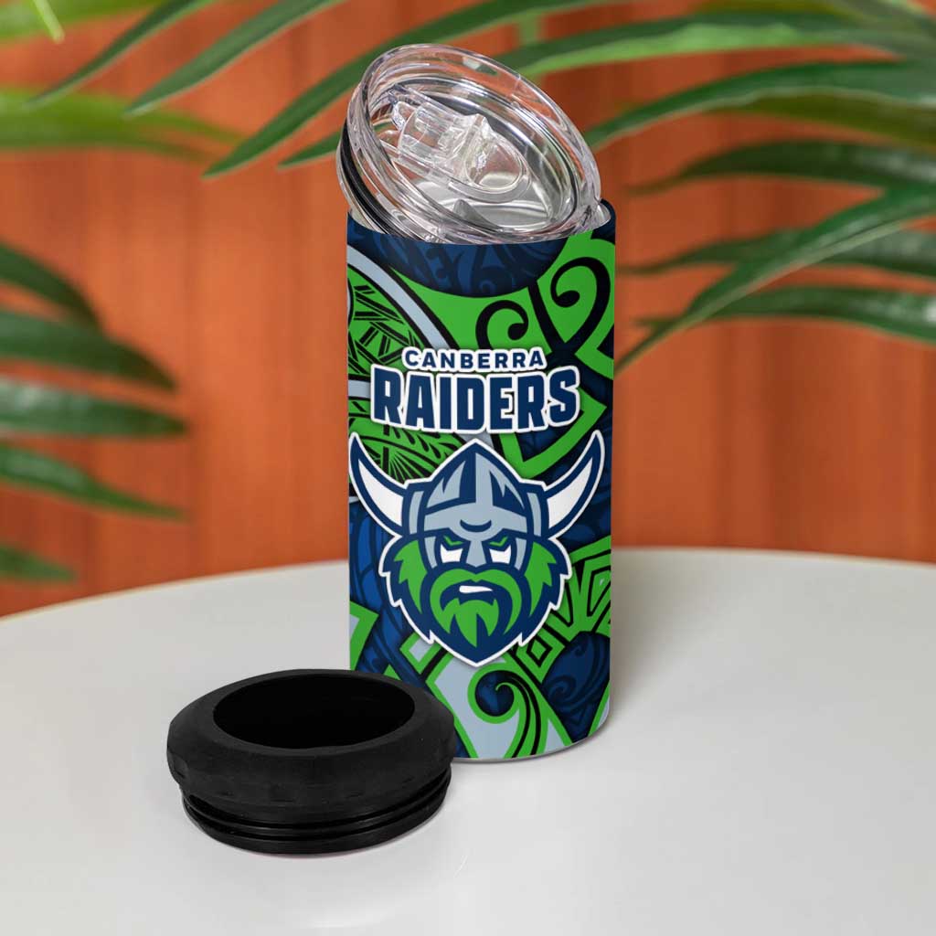 Canberra Raiders Rugby 4 in 1 Can Cooler Tumbler Polynesian Tribal Viking Warrior Green Blue Pattern