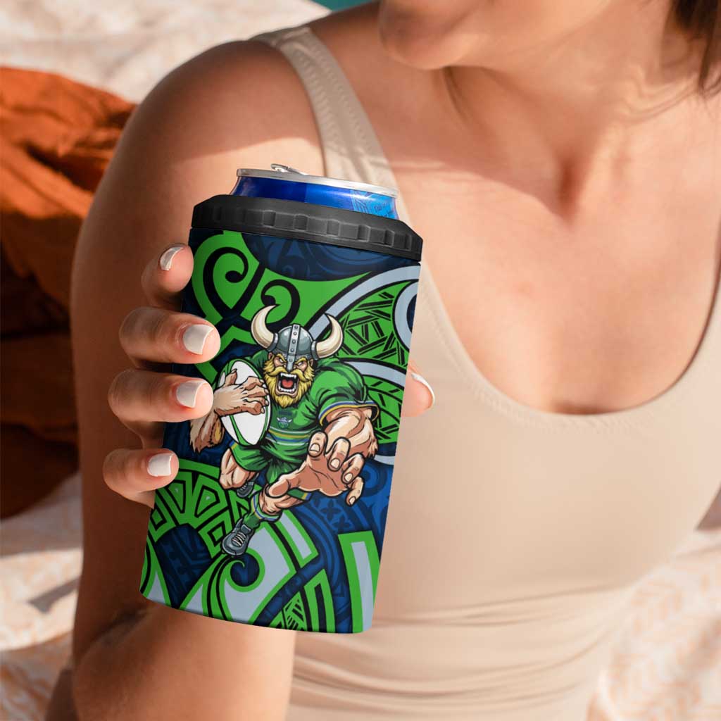 Canberra Raiders Rugby 4 in 1 Can Cooler Tumbler Polynesian Tribal Viking Warrior Green Blue Pattern